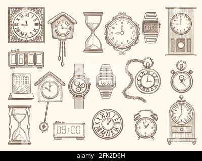 Watches set. Drawing clocks timers alarms vector pictures collection Stock Vector