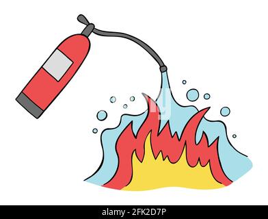 Cartoon vector illustration of fire extinguisher and fire extinguishing. Colored and black outlines. Stock Vector