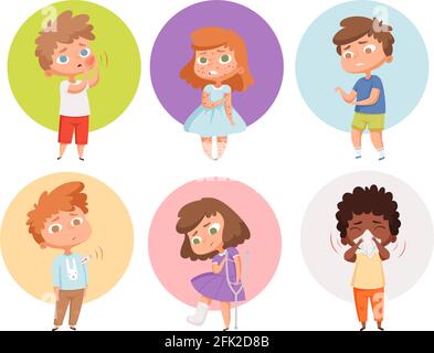 Sick kids. Health problems children flu unhealthy people sickness vomiting vector characters Stock Vector