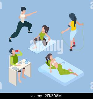 Healthy activities. Daily lifestyle successful peoples relaxing yoga healthy nutrition life habits vector isometric Stock Vector