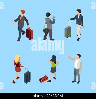 Travellers isometric. Family couples with luggage tourists with baggage vector people in various poses Stock Vector