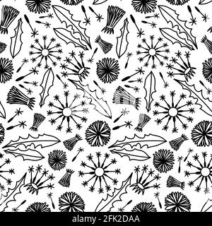Simple seamless pattern with dandelions, black and white Stock Vector