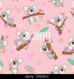 Koala pattern. Australian wild cute animal koala bear pictures for textile design projects vector seamless cartoon background Stock Vector