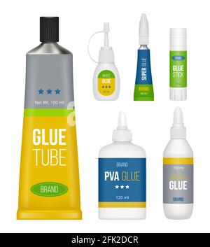 Glue packages. Stationary collection bottles stick tubes for liquid glue vector realistic set Stock Vector