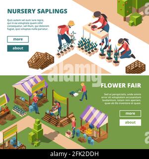 Local markets isometric. Farmers and gardeners outdoor selling agricultural products milk meal and fruits vegetables vector banners Stock Vector