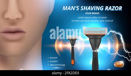 Razor ads. Advertizing poster of blades for woman depilation sharp shaves vector background Stock Vector