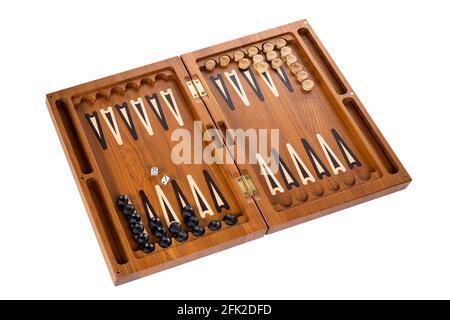 Board backgammon made of wood. dices chips and opened box of natural bog oak or larch. collectible gift gambling game isolated on white background Stock Photo