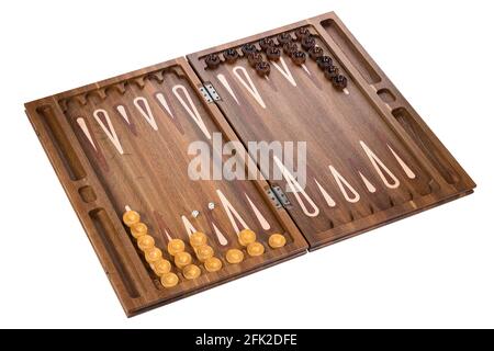 Board backgammon made of wood. dices chips and opened box of natural bog oak or larch. collectible gift gambling game isolated on white background Stock Photo