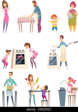Family cooking. Happy characters couple parents kids preparing food bakery professional chef in kitchen vector Stock Vector