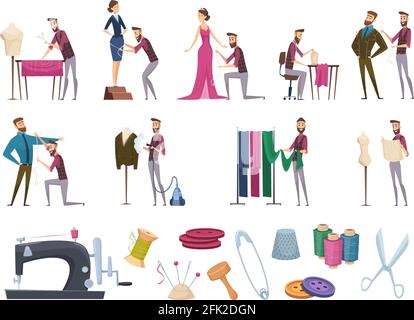 Tailor items. Fabric sewing measuring accessories dressmaker gadgets hangers thread needle vector cartoon set Stock Vector