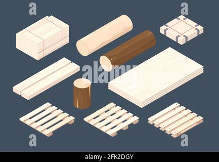 Wooden pallet. Isometric cargo containers and packages timber vector wooden set Stock Vector