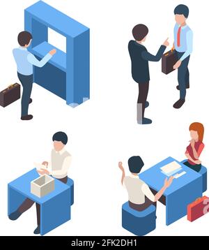 Bank managers. Business stuff client service people banking customers reception person vector isometric characters Stock Vector