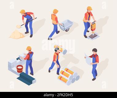 Workers isometric. Builders in uniform different construction machines and tools vector people set Stock Vector