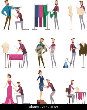 Tailor characters. Fabric sewing workings in atelie dressmaker people vector cartoon illustrations Stock Vector