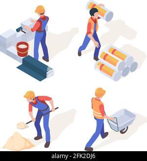 Builders isometric. Construction workers in helmet and professional uniform vector people in action poses Stock Vector