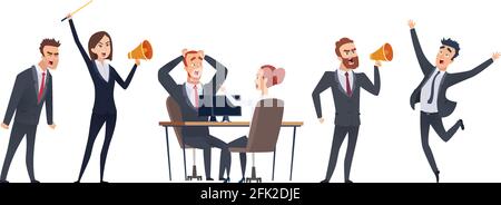 Screaming people. Angry business characters. Woman man with megaphone. Negative leadership vector illustration Stock Vector