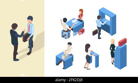 Bank clients. Business service managers reception banking customers office open spaces vector isometric people Stock Vector