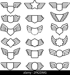 Wings shields. Air army emblems or badges flight corporate insignia vector templates collection Stock Vector