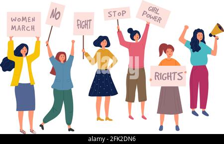 Woman protest. Female crowd with placard politics speaking multiracial feministic persons young girls vector characters Stock Vector