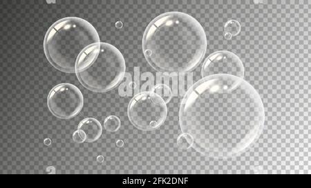 Realistic soap bubbles. Flying transparent water drops. Liquid spheres vector illustration Stock Vector