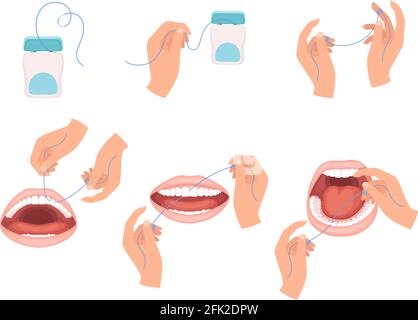 Floss dental. Steps how to use hygiene floss for teeth medical dentist vector infographic scheme Stock Vector