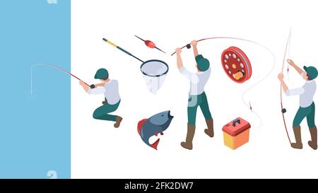 fishing isometric fisherman with spinning in action poses sitting in rubber boat sport fishing hobbies vector people set 2fk2dw7