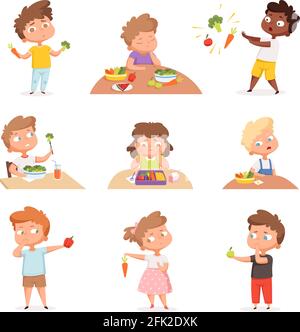 Kids and vegetables. Little hungry children eating fast food dont like fruits and healthy products vector cartoon characters Stock Vector