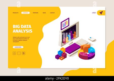 Data analysis landing. Business concept with gadgets and infographic symbols charts graphs diagrams vector marketing or finance web page template Stock Vector