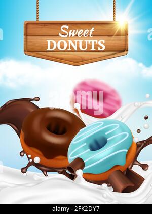 Donuts ads. Bakery tasty delicious round sweet products in chocolate splashes with drops breakfast donuts food with coffee vector realistic placard Stock Vector