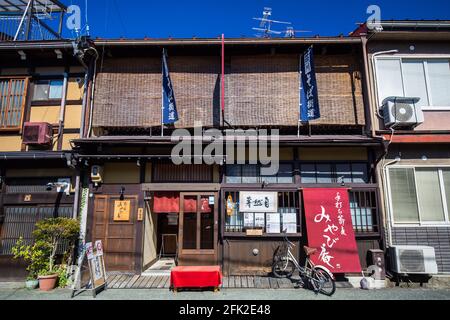 Traditional Japanese building architecture in historical Japanese old town of Takayama, Gifu, Japan. Stock Photo