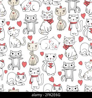 Cute cats seamless. Funny pets doodle pattern for kids textile design vector cats illustrations Stock Vector