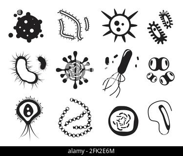 Microbes silhouettes. Bacteria and viruses biology pandemic icons set vector monochrome pictures Stock Vector