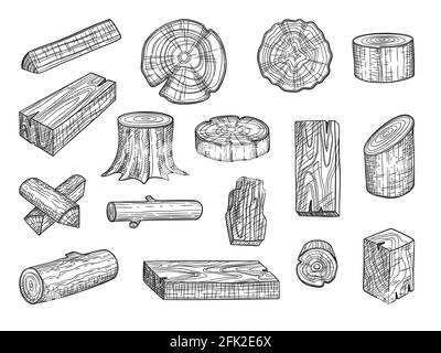 Lumber. Wooden trunks branch oak stacked log from tree vector hand drawn set Stock Vector