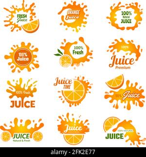 Juice logo. Orange ink drop splashes advertising promo badges for drink vector illustrations collection Stock Vector