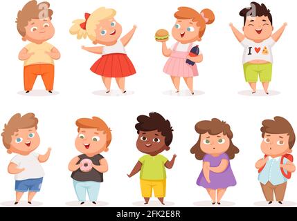 Overweight children. Fat kids eating different junk food oversize people in casual clothes vector different characters Stock Vector