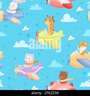 Airplane pattern. Animal kid characters in airplanes flying helicopter baby textile design vector seamless background Stock Vector