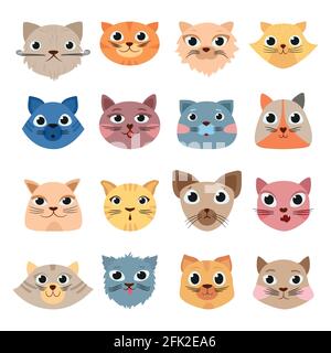 Cats heads. Cute funny domestic animals colored heads happy faces expressive emotions vector set Stock Vector