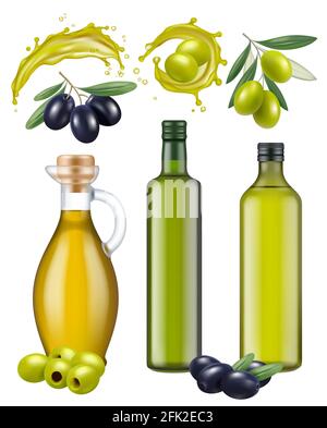 Olive bottles. Oil glass package healthy natural products for cooking food green and black greek olives vector realistic template Stock Vector