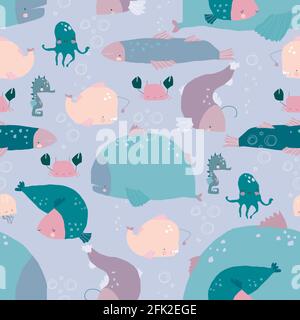Seamless Pattern with Fishes on blue Background Stock Vector