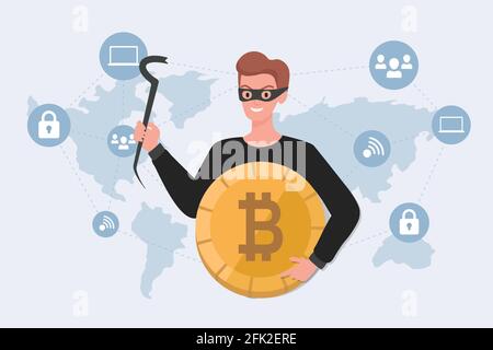 Thief in mask holding stolen bitcoin vector flat illustration on background of world map. Cyber crime, financial robbery, hacker attack concept. Robber steal personal data, login, and password. Stock Vector