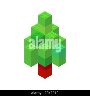 Isometric tree on a white background made of colored plastic blocks. The children s designer. Vector illustration. Stock Vector