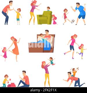 Parents and kids. Children good time in happy family father mother playing with son and daughter vector characters Stock Vector