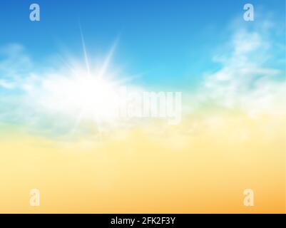Realistic sky template with transparent cloud and sun. Blue background. Light effect. Realistic illustration. Stock Vector
