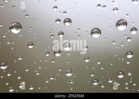 Drops of water from rainning on glass. Selective focus. white gray clouds background pattern texture. Stock Photo