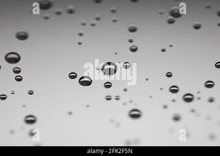 Drops of water from rainning on glass. Selective focus. white gray clouds background pattern texture. Stock Photo