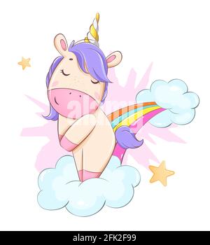 Cute unicorn standing on rainbow. Funny magic unicorn cartoon character. Usable for print, invitation and other purposes. Stock vector illustration Stock Vector