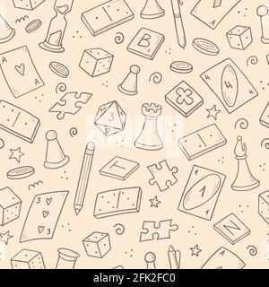 Hand drawn seamless pattern of board game element, cards, chess, hourglass, chips, dice, dominoes. Doodle sketch style. Isolated vector illustration for for board game shop, store. Stock Vector