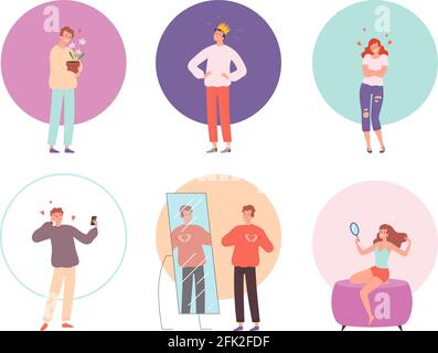 Narcissistic people. Handsome person attracted male and female characters vanity vector peoples Stock Vector