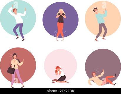 Scared people. Horrified attack characters in action poses reaction on face scared emotions vector persons Stock Vector
