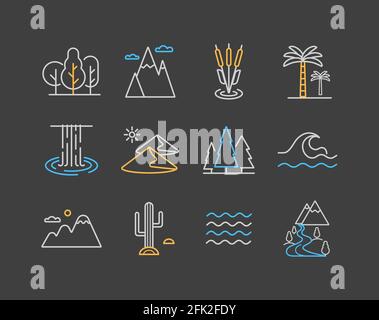 Vector nature icons set on dark background. desert, mountains, forest, river, sea, lake. Graph symbol for travel and tourism web site and apps, UI Stock Vector